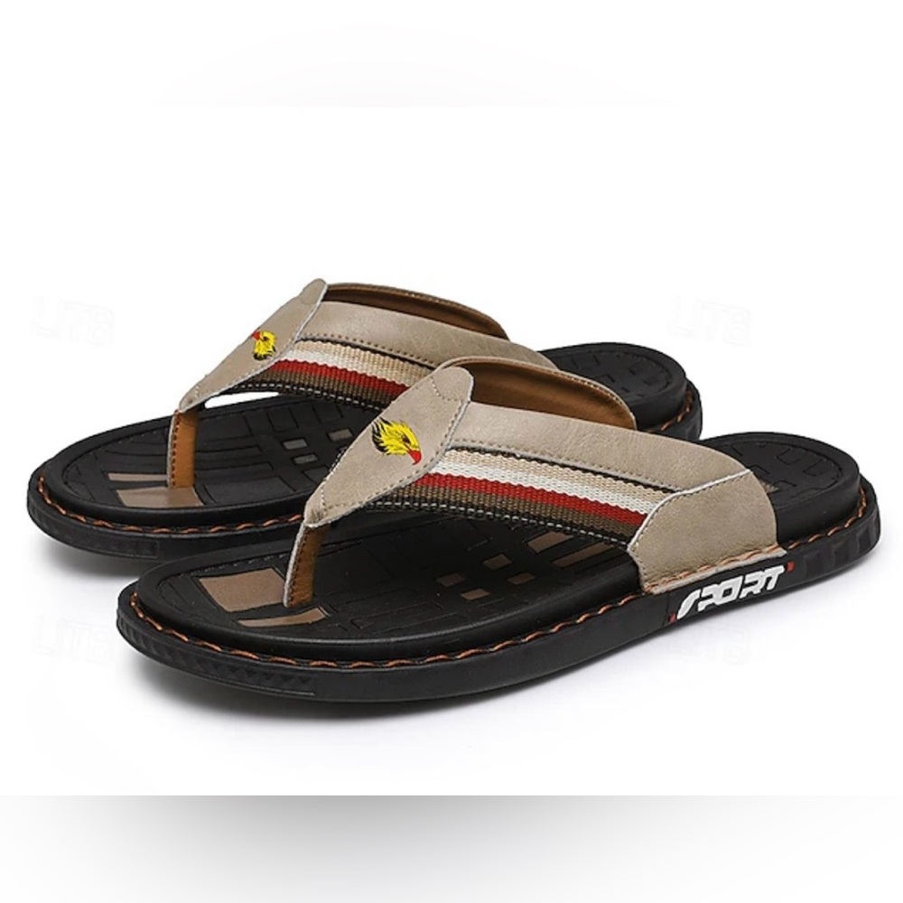 Men's tan  Striped Flip-Flop Sandals with Eagle Patch